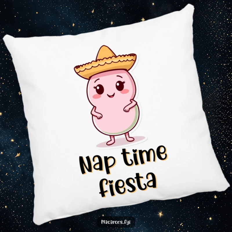 Funny Macaron Pillow with a macaron wearing a tiny sombrero, posing confidently, providing comfort and a humorous touch to any living space.