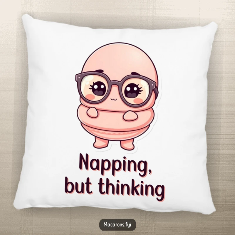 Funny macaron pillow featuring a macaron character in oversized glasses, looking comically thoughtful and cozy.