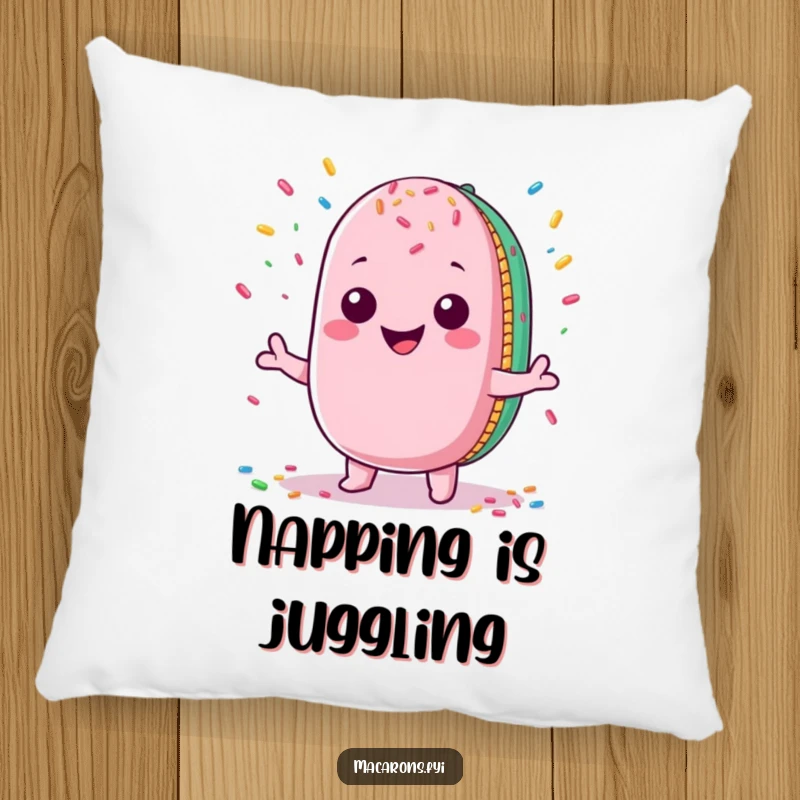 Funny Macaron Pillow: Cute Kawaii macaron character joyfully juggling colorful sprinkles, adding plush comfort and quirky charm.