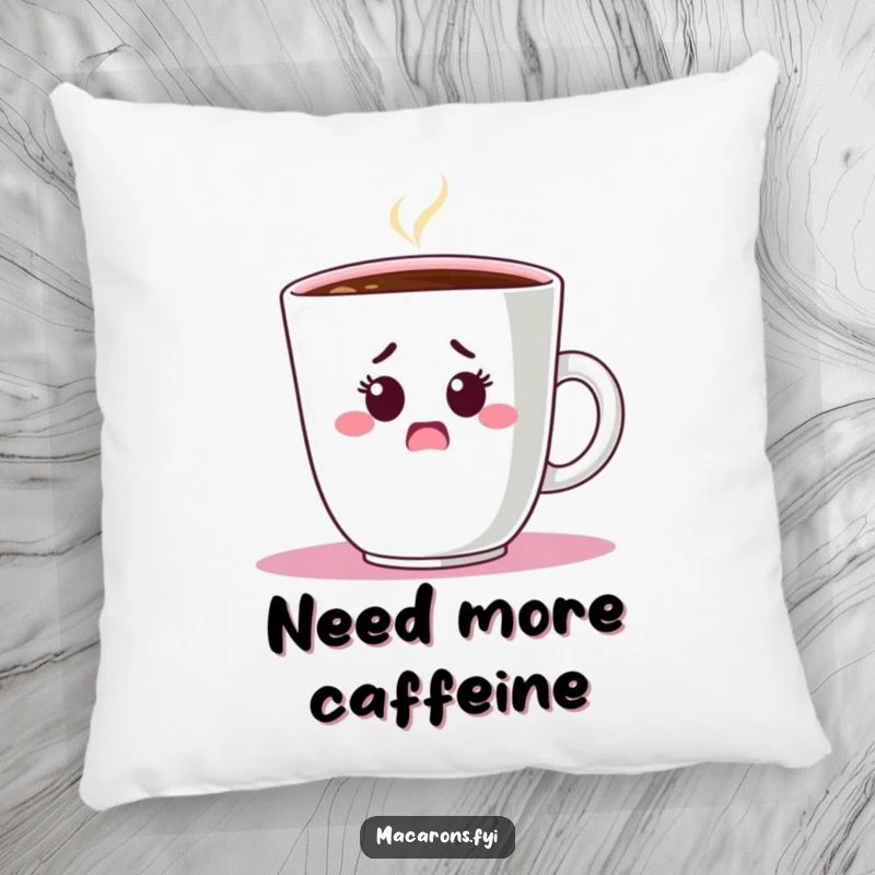 Funny Pillow: A plush cushion depicts a shocked macaron character peeking from behind an oversized coffee cup, adding humor.