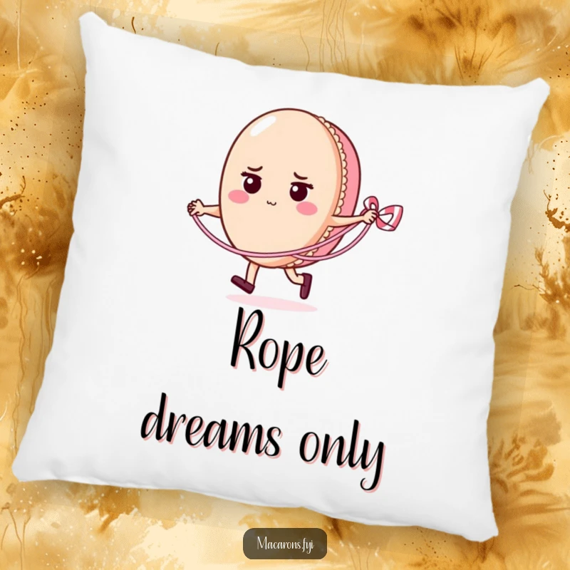 Funny and determined macaron character mid-skip rope jump, depicted on a soft and decorative pillow for ultimate comfort and laughs.