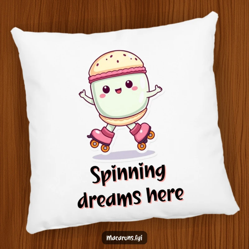 Funny macaron character on roller skates, spinning joyfully, soft pillow design, charming funny gift.