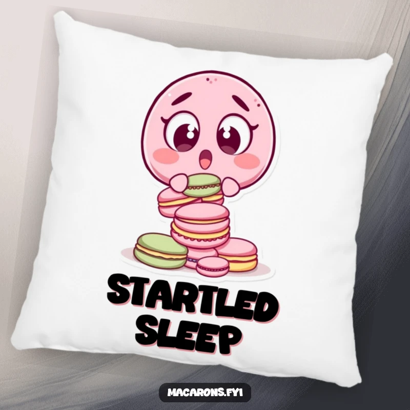 Funny surprised macaron character, wide-eyed, dropping macarons, designed for a soft and decorative pillow.