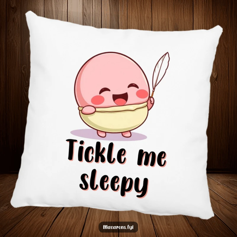 Funny Kawaii macaron character laughing from a feather tickle, a soft and humorous pillow.