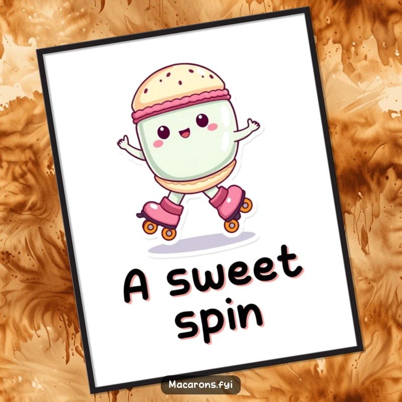 Funny macaron character on roller skates, spinning joyfully, digital art print, amazing funny gift.