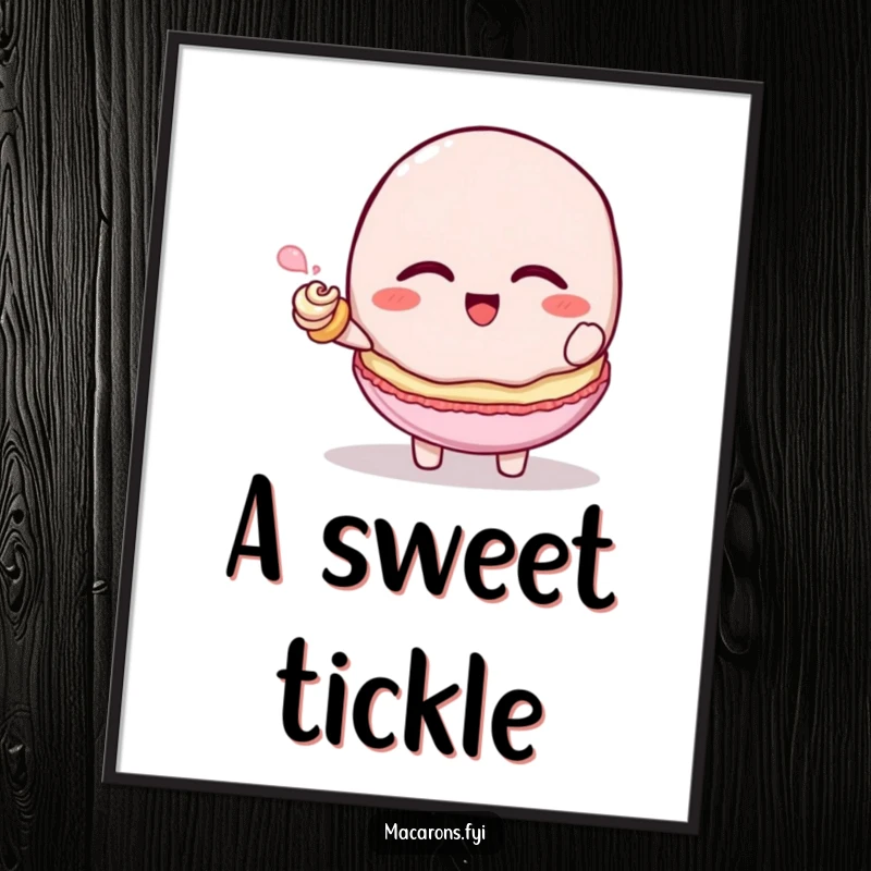 Funny macaron character giggling while being tickled by a tiny frosting swirl, digital art print, amazing funny gift.