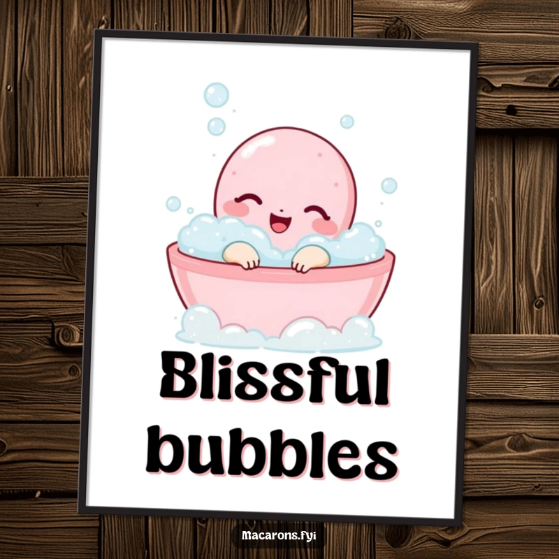 Funny macaron character blissfully happy in a bubbly bath, digital art print.