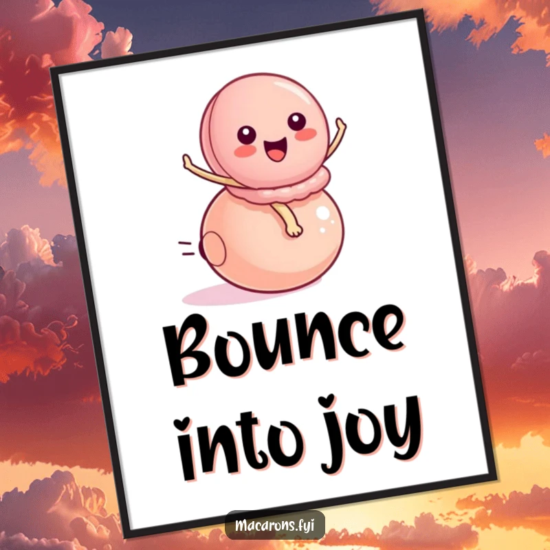 Funny digital art print of a peppy macaron character energetically riding a small, bouncy ball, symbolizing joy and movement.