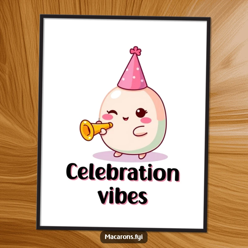 Funny Macaron Digital Art: Festive Kawaii macaron character in a party hat blowing a tiny trumpet, a joyful printable illustration.