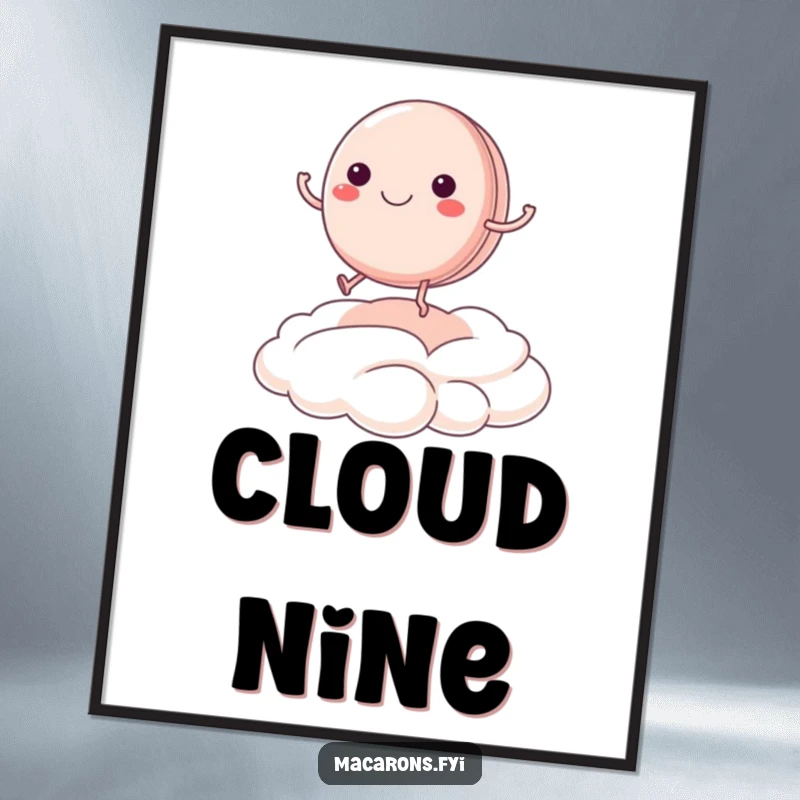 Funny macaron character joyfully bouncing on a cream cloud in digital art, delivering uplifting and humorous visuals.