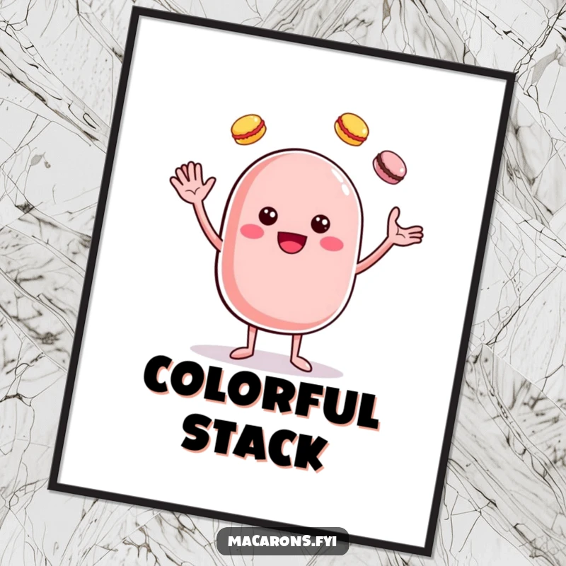 Funny cheerful macaron character juggling macarons, printable digital art with instant sweet appeal.