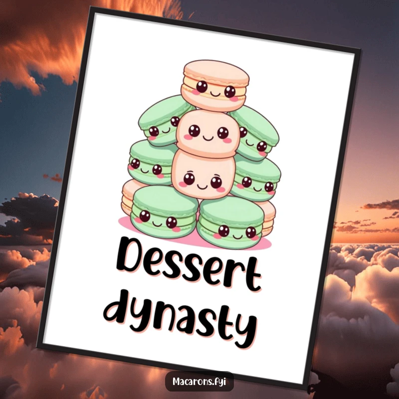 Funny macadamia nut digital art print of a pyramid of happy macarons, one precariously balanced, perfect for instant amusement.