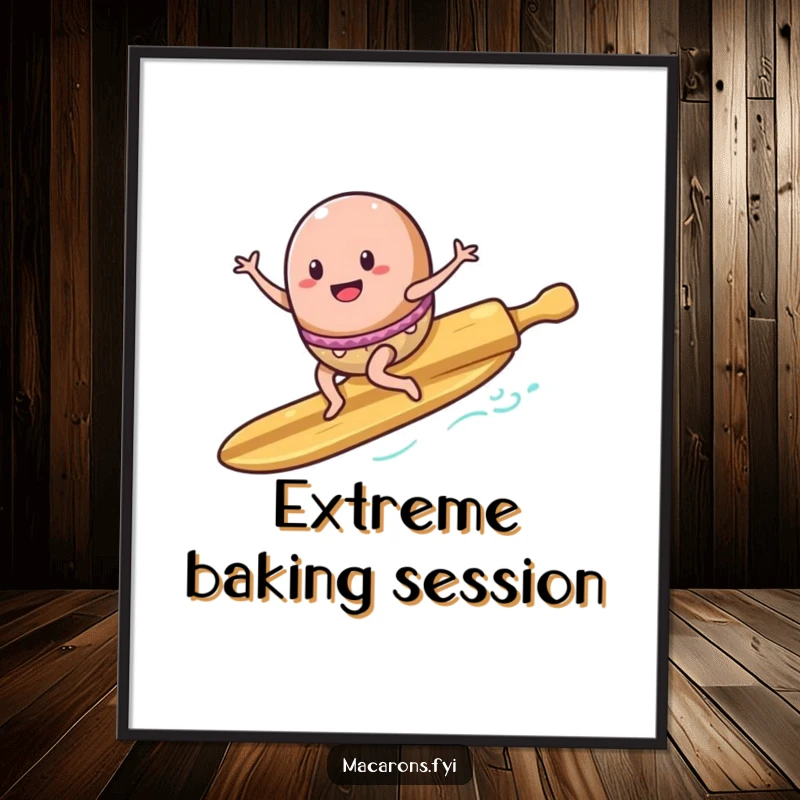 Funny Digital Art Print: An enthusiastic macaron character surfs a rolling pin like a surfboard, perfect for dynamic wall art.