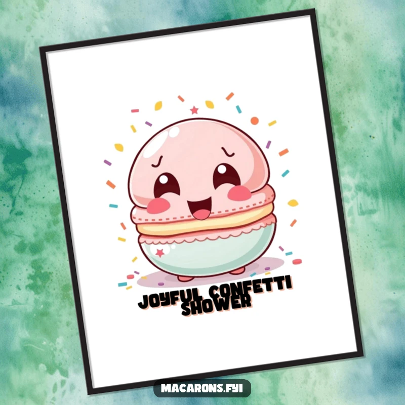 Funny macaron character with wide laughing eyes, showered by colorful confetti, available as a digital art print.