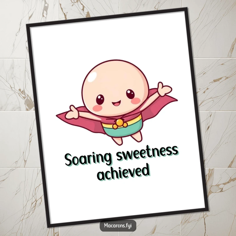 Funny macaron hero digital art print of a brave macaron in a cape soaring, conveying triumph and sweet joy instantly.