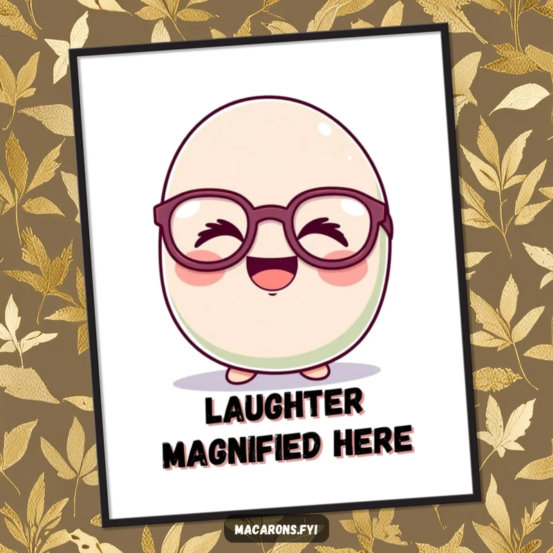 Funny macaron character giggling hysterically behind oversized, silly glasses, available as a downloadable digital art print.