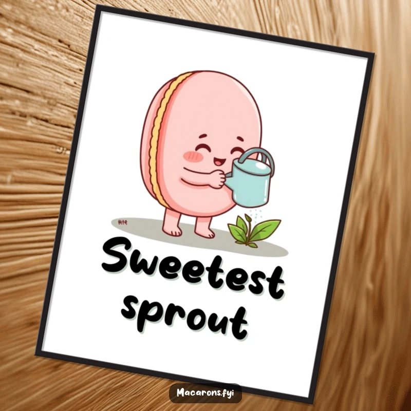 Funny Macaron Digital Art Print of a cheerful macaron enthusiastically watering a small sprout.