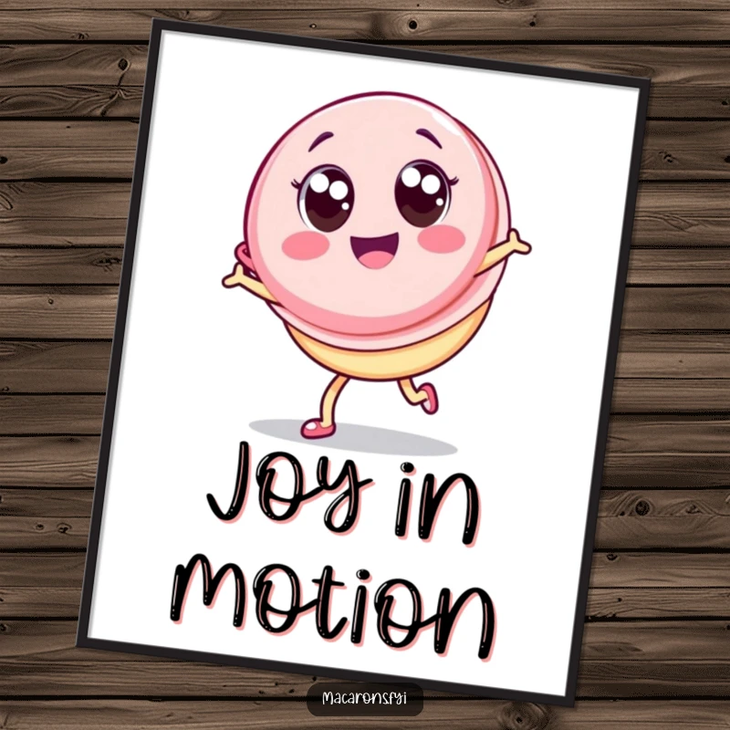 Funny Macaron Digital Art: Energetic Kawaii macaron character with big eyes doing a cartwheel, a joyful and downloadable illustration.