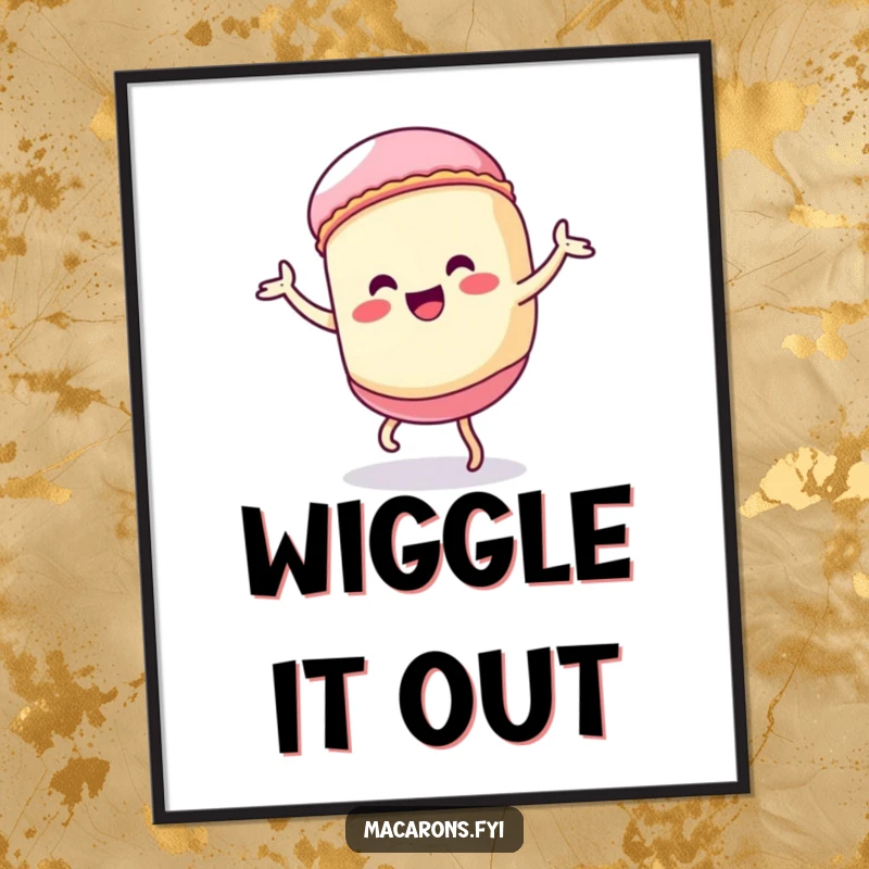 Funny Kawaii macaron character doing a silly, exaggerated dance, a humorous and energetic digital art print.
