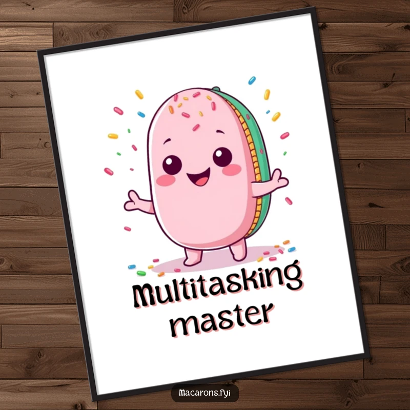 Funny Macaron Digital Art: Adorable Kawaii macaron character with a wide grin juggling colorful sprinkles, a vibrant and downloadable illustration.