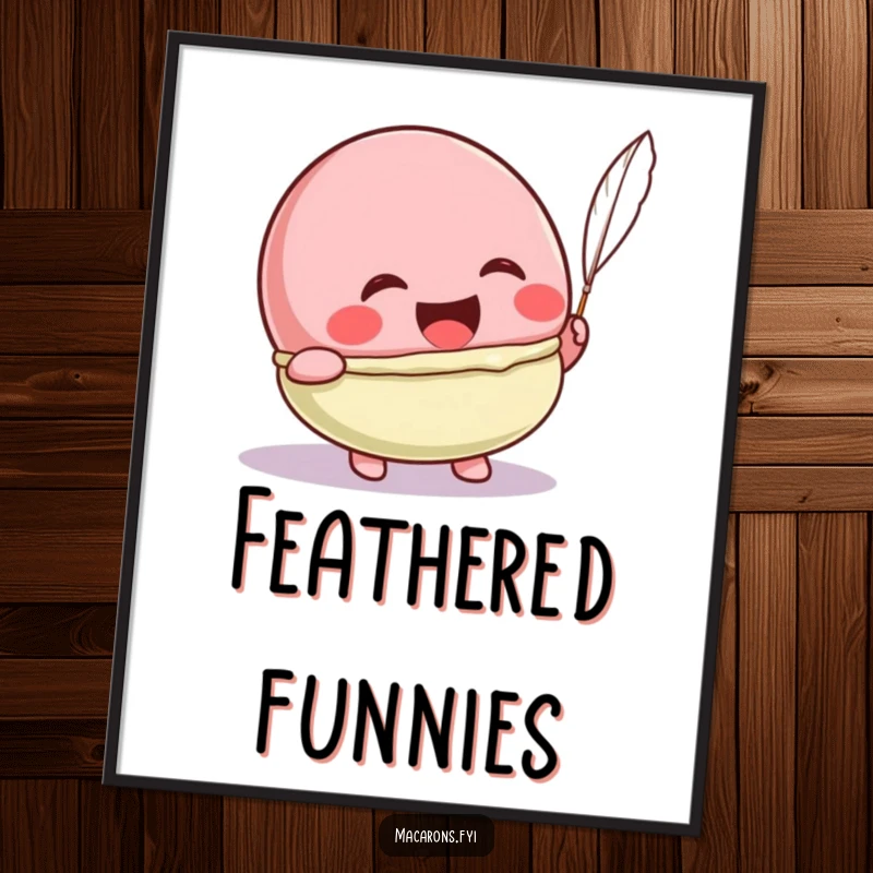 Funny Kawaii macaron character laughing heartily from a feather tickle, a humorous and joyful digital art print.