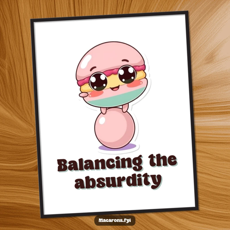 Funny macaron character in a comical balancing pose on a small ball, ready to bring laughter as a digital print.