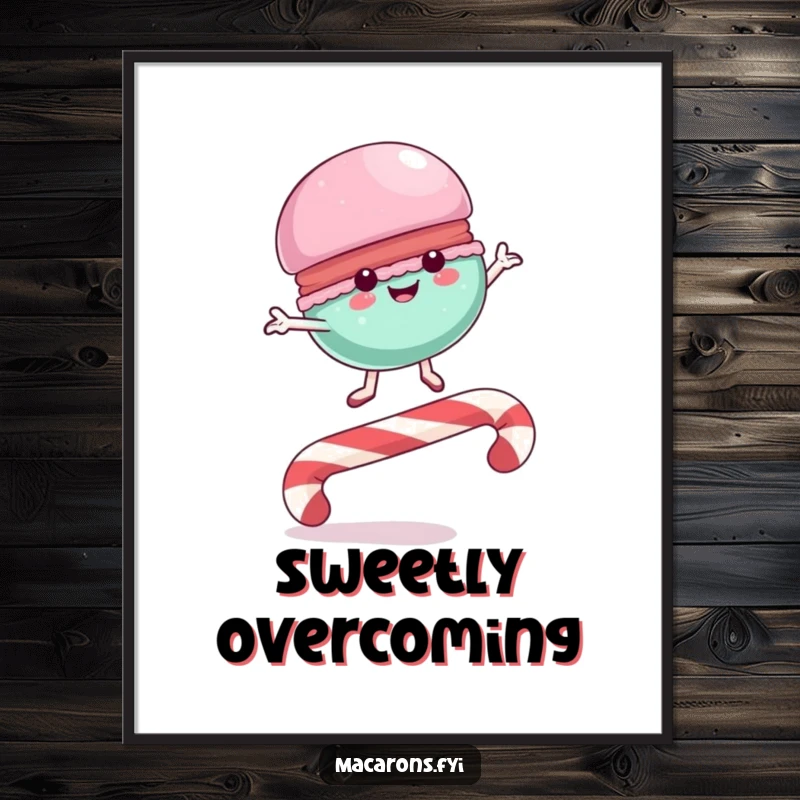 Funny Digital Art Print of a macaron character joyfully leaping over a candy cane, perfect for instant sweet and energetic decor.