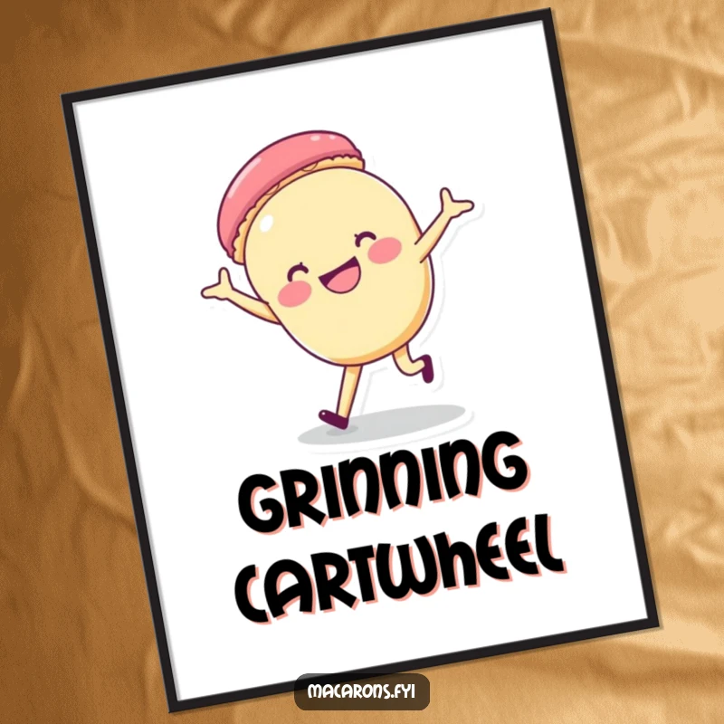 Funny macaron character captured mid-cartwheel with a wide, happy grin, available as a high-resolution digital art print.