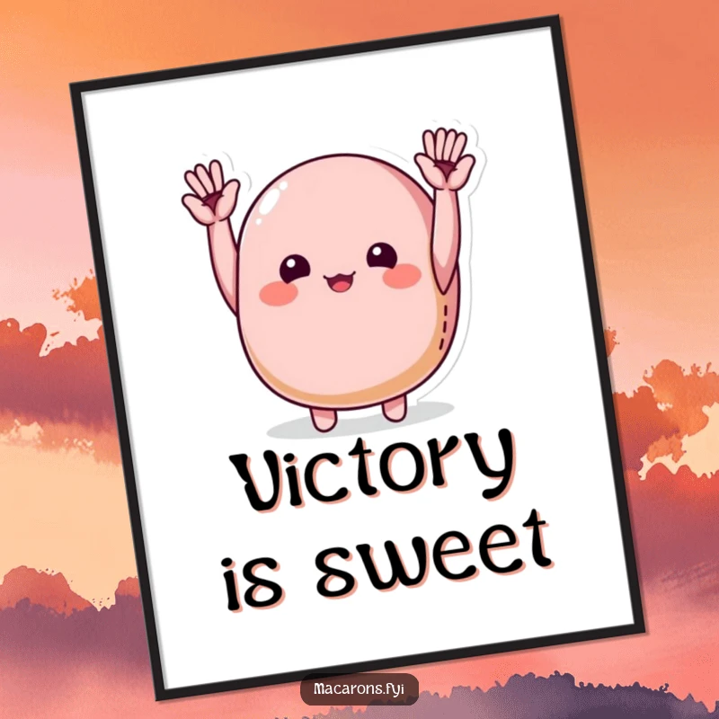 Funny macaron character joyfully cheering with tiny hands raised high, as a printable digital art piece.