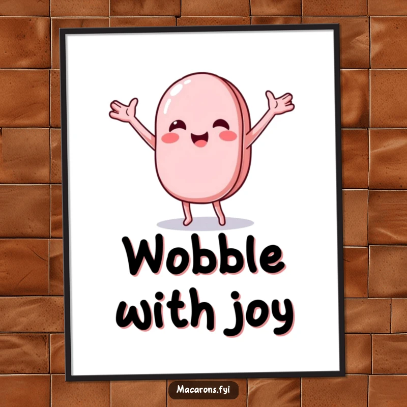 Funny macaron character doing a joyful, wobbly dance with arms outstretched, as a dynamic digital art print.