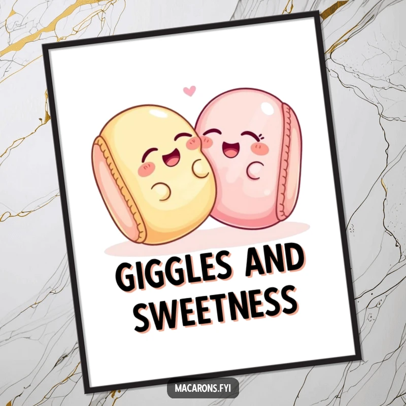 Two funny macaron characters captured giggling together, leaning playfully, as a high-resolution digital art print.