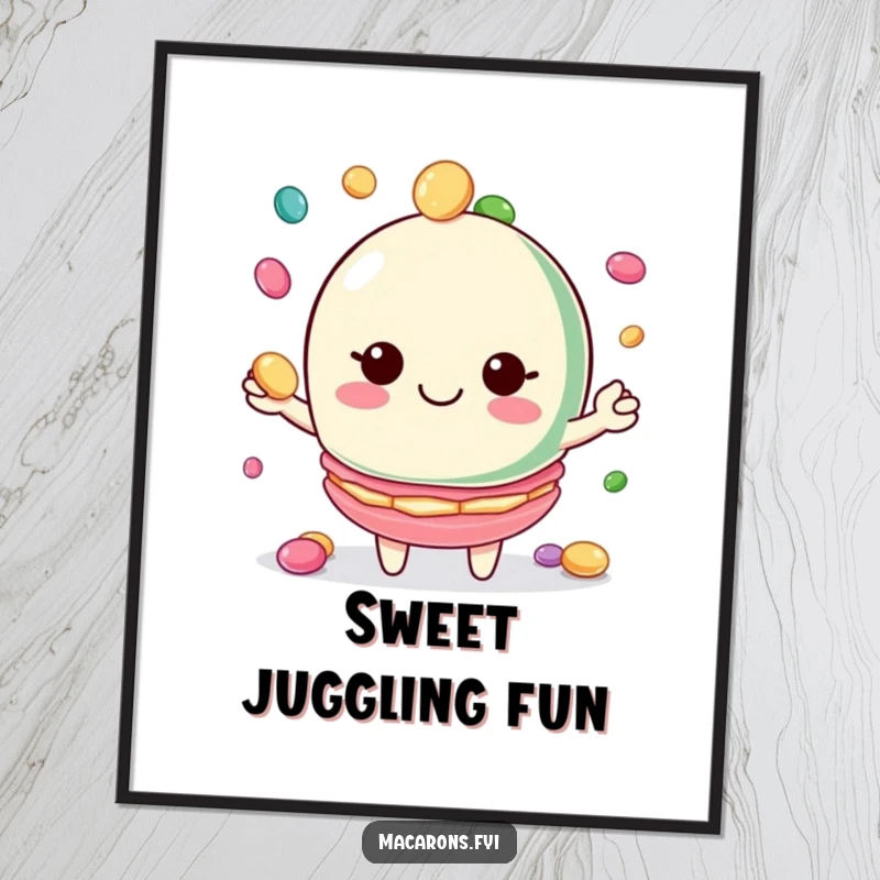 Funny macaron digital art print of a macaron character juggling colorful candies with a wide smile, vibrant.