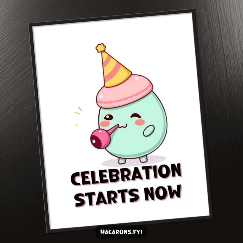 Funny macaron character in a party hat comically blowing a tiny party blower, rendered as a vibrant digital art print.