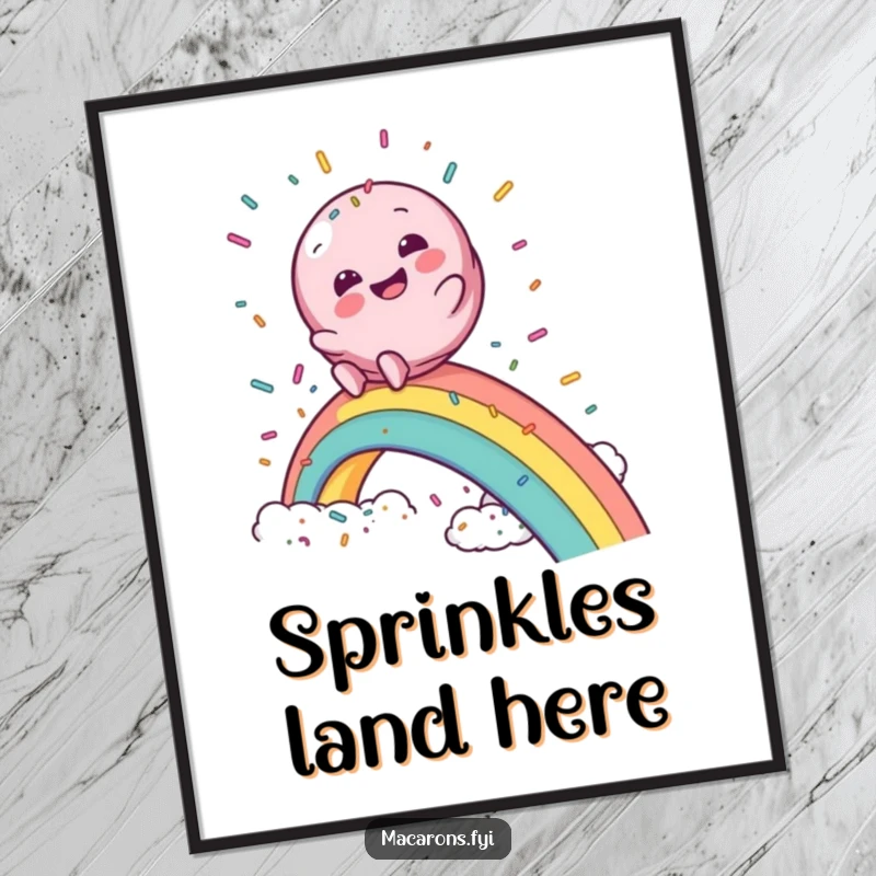 Funny macaron digital art print of a macaron character gleefully sliding down a rainbow into a cloud of sprinkles, for instant magic.