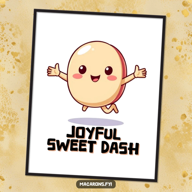 Funny macaron character captured running happily with arms outstretched, available as a high-resolution digital art print.