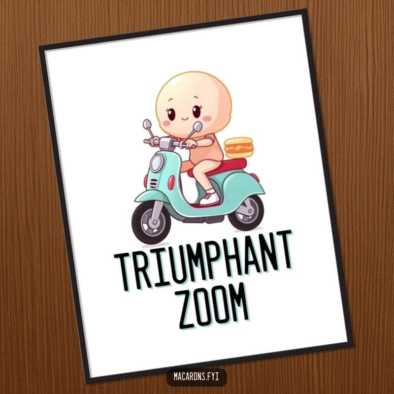 Funny macaron character zooming on a miniature scooter with a triumphant pose, available as a digital art print.