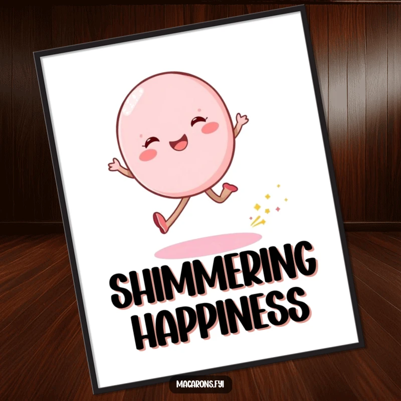 Funny macaron character skipping with a visible trail of shimmering dust, available as a downloadable digital art print.