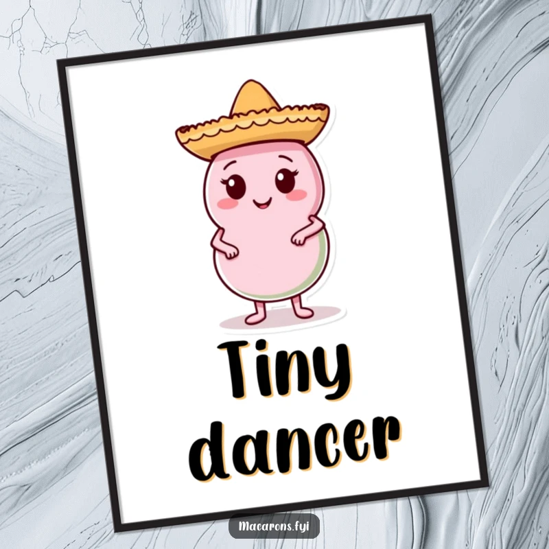 Funny Macaron Digital Art Print of a macaron with a sombrero, posing confidently, offering instant humor and vibrant personality to any digital display.