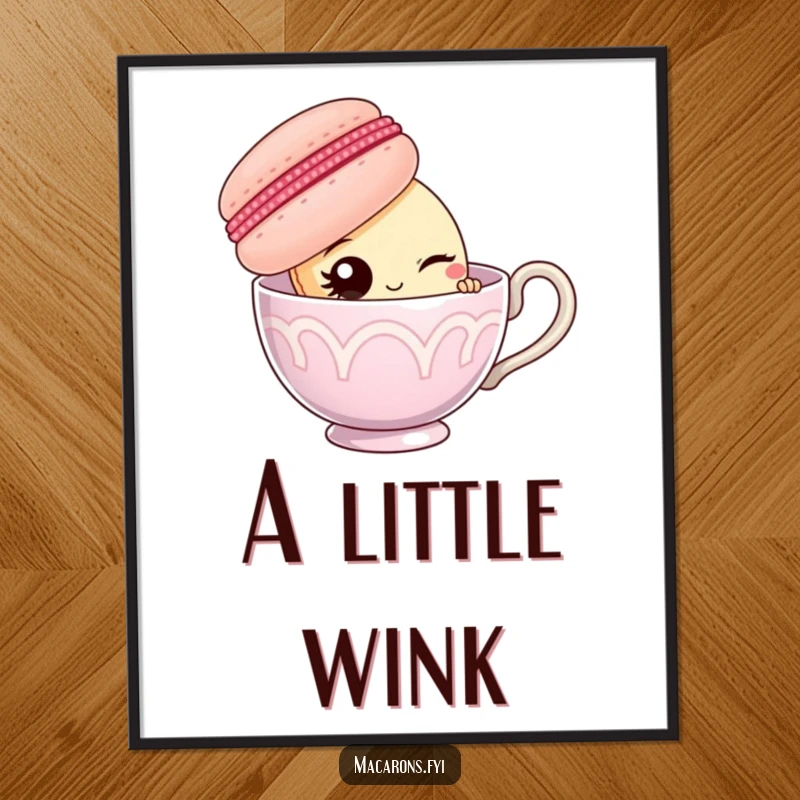 Funny macaron character peeking from behind a giant teacup, offering a wink, as a whimsical digital art print.