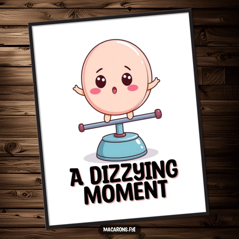 Funny macaron character with surprised expression, balancing on a teeter-totter, digital art print, amazing funny gift.