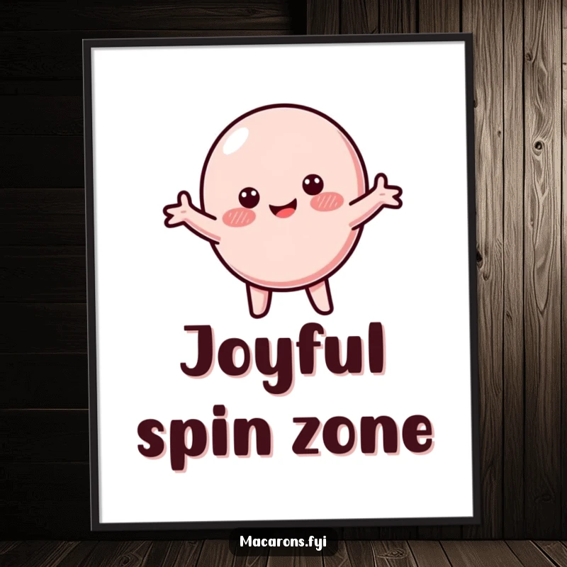 Funny macaron digital art print of a happy, blushing macaron character spinning with arms wide, bringing instant joy.