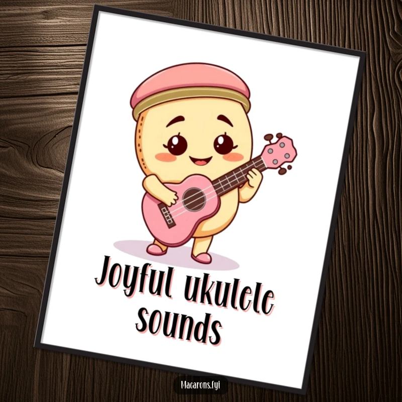 Funny macaron character playing a miniature ukulele enthusiastically with a goofy smile, available as a digital art print.