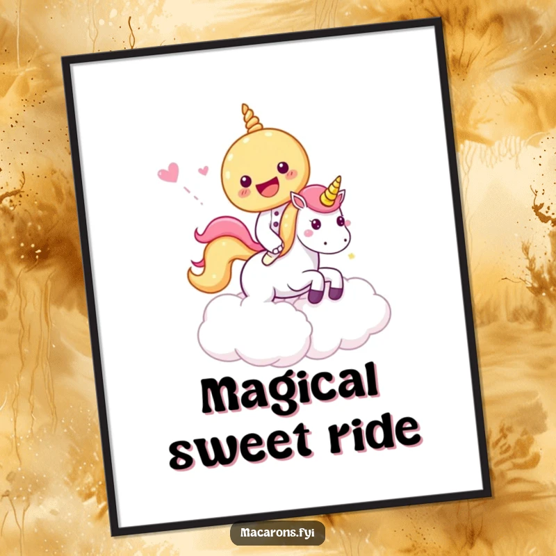 Funny Digital Art Print of a macaron character riding a unicorn through candy clouds, perfect for instant magical and sweet decor.