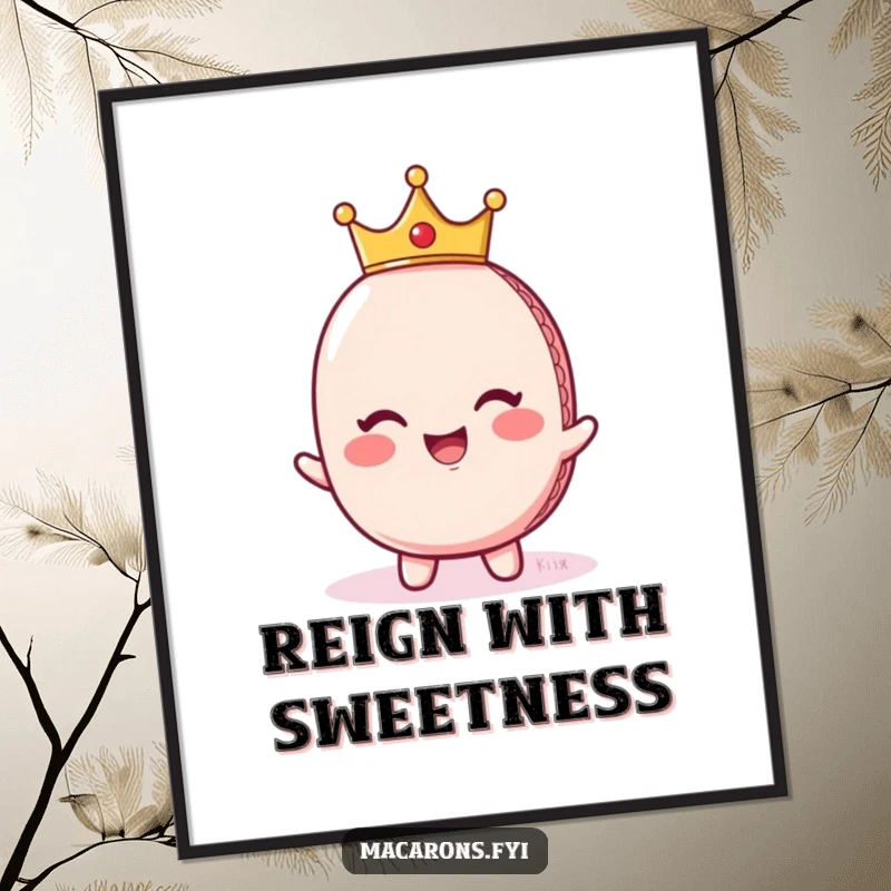 Funny digital art print of a giggling macaron character wearing a tiny crown, exuding regal charm and humor.