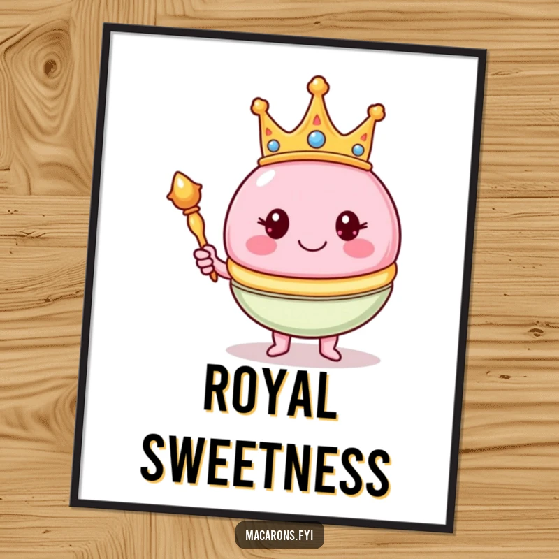 Funny macaron character wearing a crown and holding a scepter in digital art, offering majestic and humorous visuals.