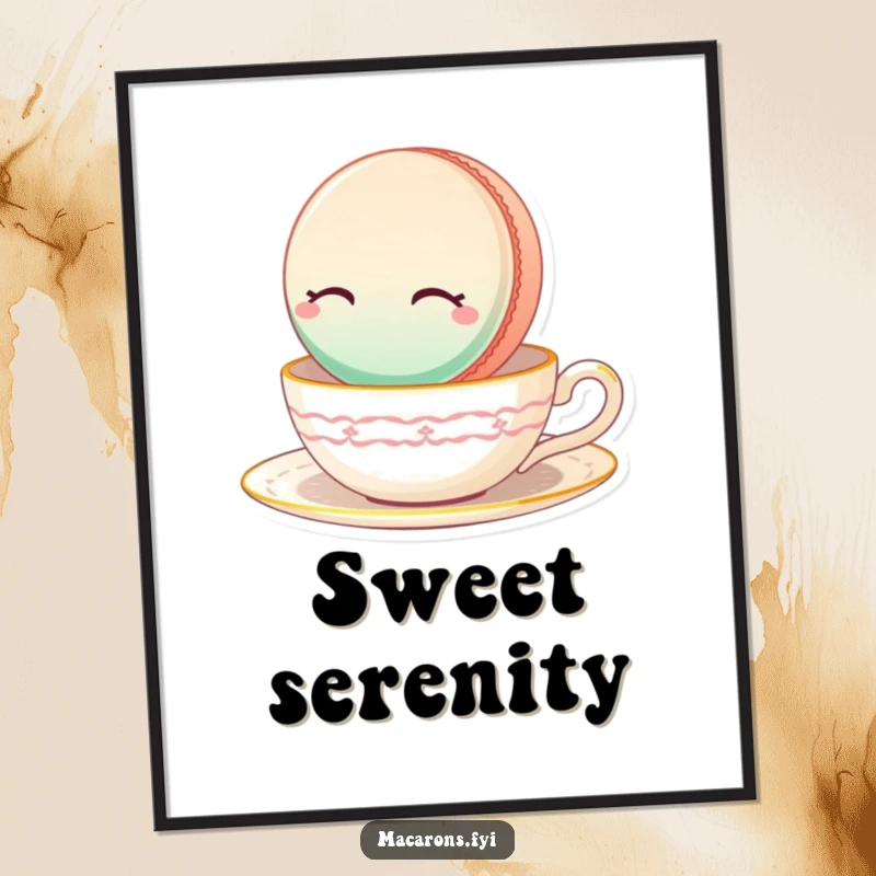 Funny Macaron Digital Art Print of a serene macaron floating peacefully on a teacup.