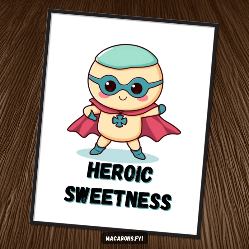 Funny superhero macaron digital art print of a macaron in a dramatic pose with capes, heroic wall decor.