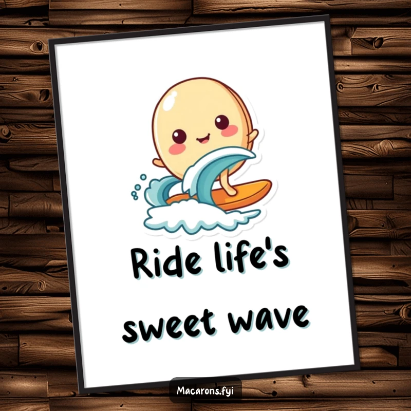 Funny digital art print of a happy macaron character joyfully surfing on a miniature wave, capturing the thrill of the ride.