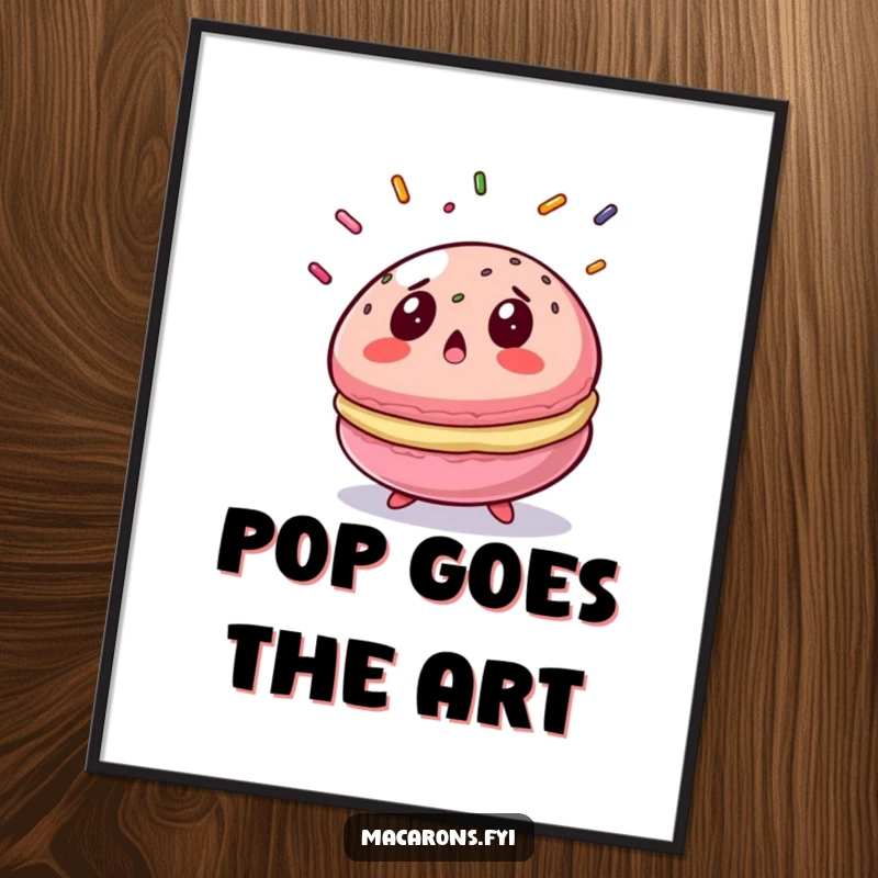 Funny macaron digital art print of a surprised macaron gasping at falling sprinkles, instant humorous decor.