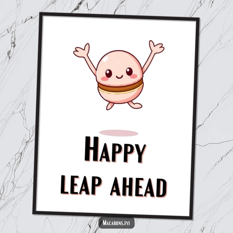 Funny Macaron Digital Art: Joyful Kawaii macaron character leaping with arms outstretched happily, a vibrant and downloadable illustration.